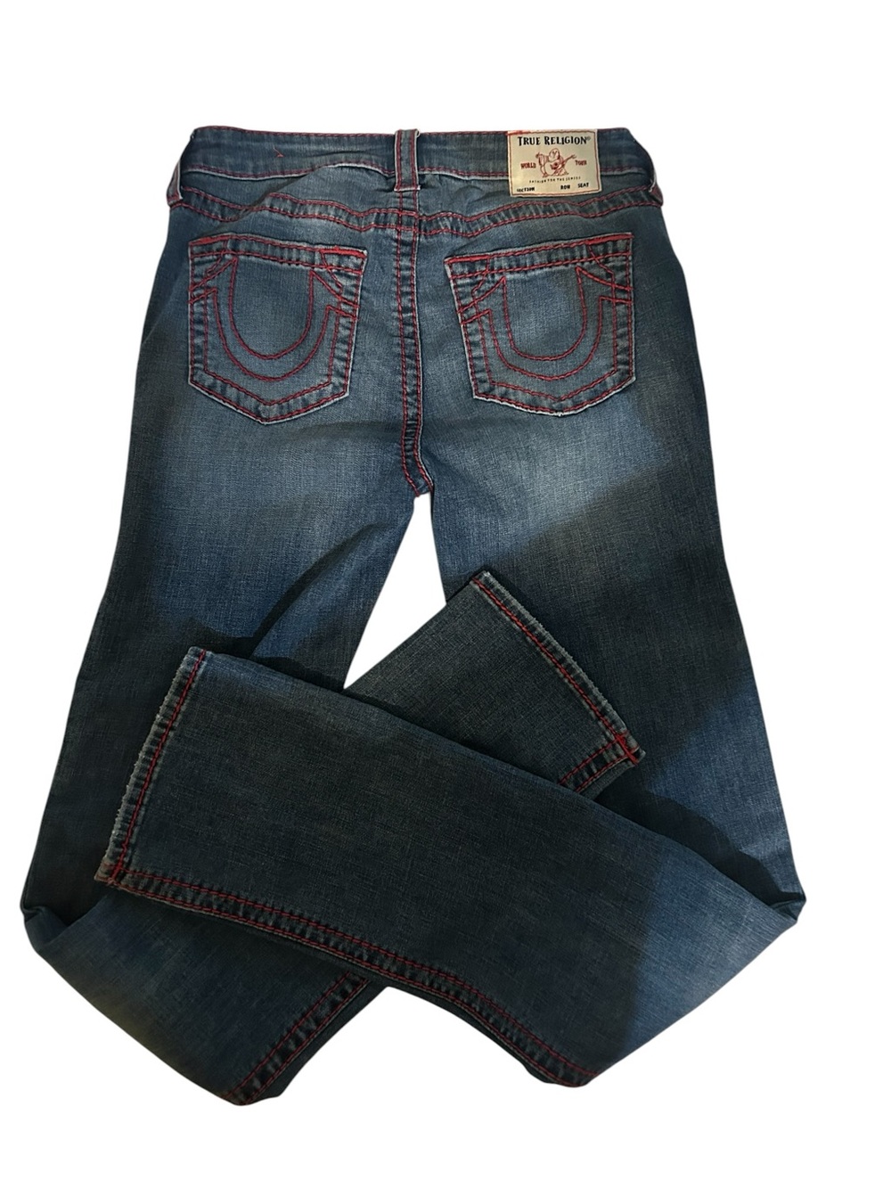 True Religion Billie mid rise straight Jeans with Red Contrast Stitching